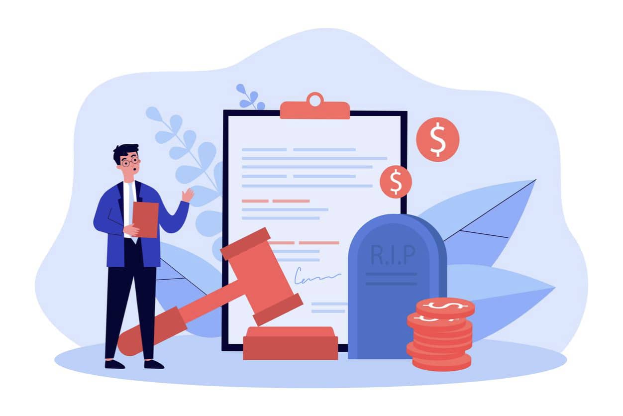 Graphic showing a man standing next to a giant clip board with a contract on it, a gavel, and coins