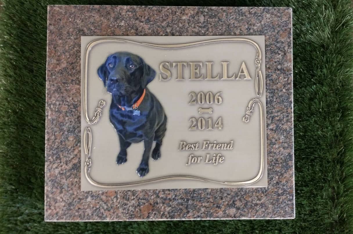 A grave marker with a picture of a dog and the words "Stella 2006-2014 Best friend for life"