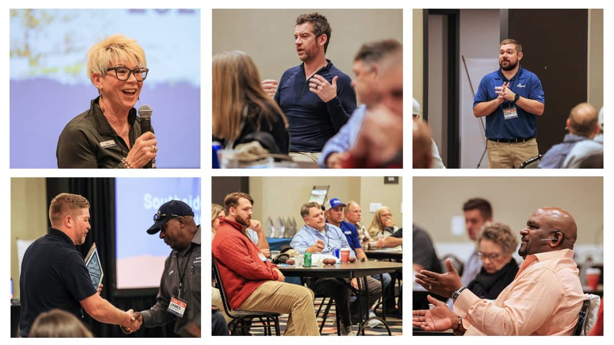 6 small pictures of people talking and meeting at a conference