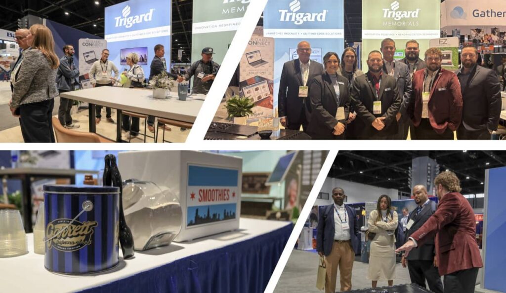 4 pictures showing different people at the 2025 NFDA Convention and Expo (at the booths and posing for pictures)