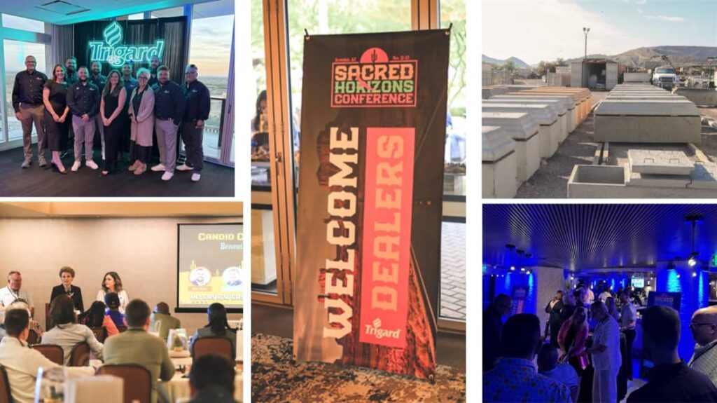 A collage of pictures from the 2025 Trigard Dealer Conference (the signs, the people, at a presentation, and at a site visit)