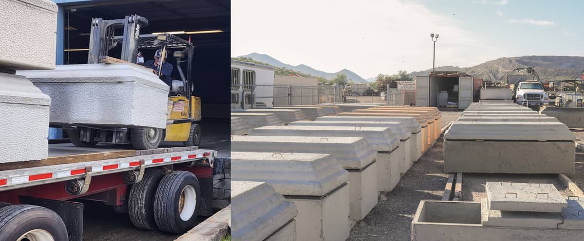 2 picture of burial vaults (1 on a fork lift and another with a row of burial vaults)