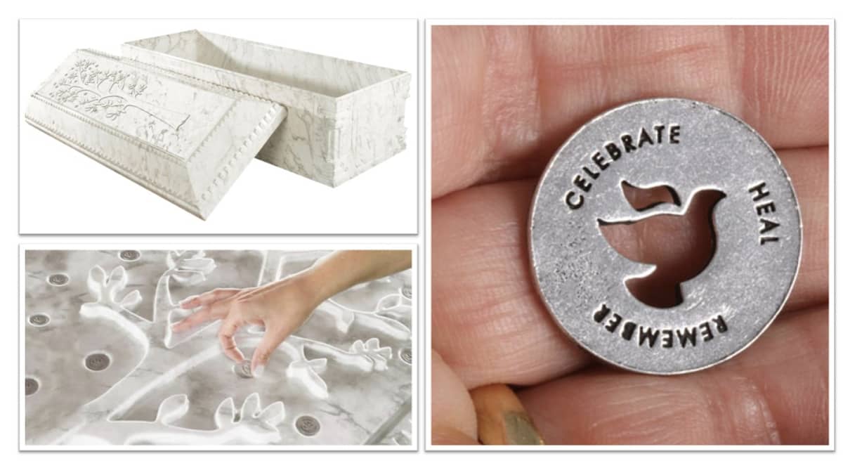 Memory rings with a dove cutout that can be put on a burial vault